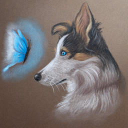 Tekening pastel hond met vlinder